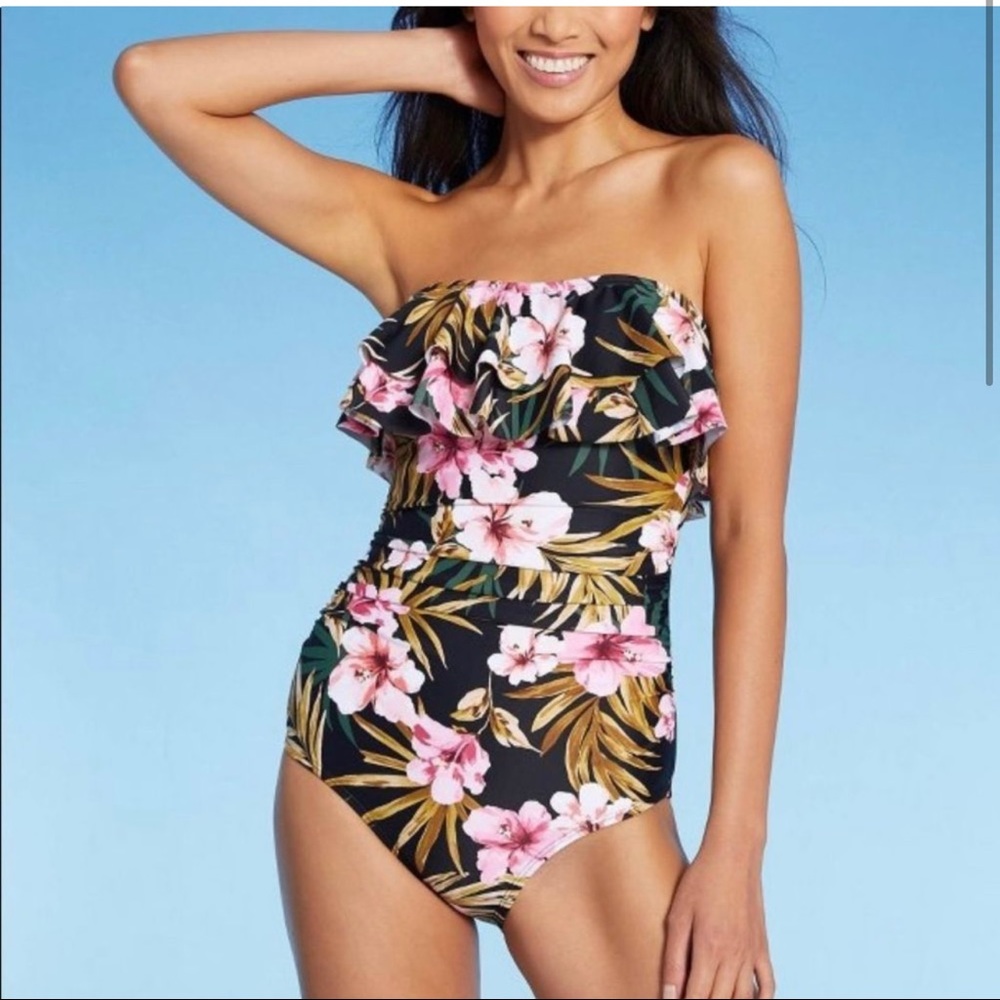 Kona Sol Bandeau Flounce High Coverage One Piece Swimsuit NWT